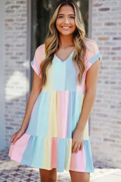 New Dear-Lover Striped Color Block Tiered Mini Dress Multicolor