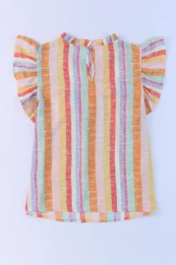 Fashion Dear-Lover Striped Color Block Ruffled O-neck Sleeveless Top Multicolor