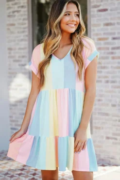 New Dear-Lover Striped Color Block Tiered Mini Dress Multicolor