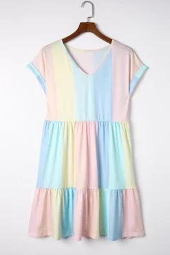 New Dear-Lover Striped Color Block Tiered Mini Dress Multicolor