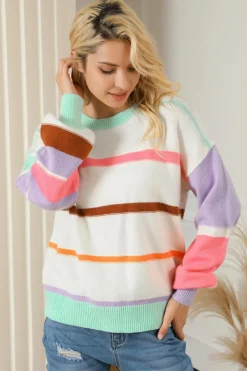Discount Dear-Lover Striped Colorblock Drop Shoulder Sweater Multicolor