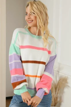 Discount Dear-Lover Striped Colorblock Drop Shoulder Sweater Multicolor