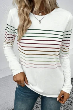 Sale Dear-Lover Multicolor Striped Crew Neck Long Sleeve Top White