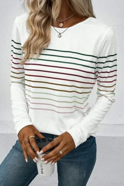 Sale Dear-Lover Multicolor Striped Crew Neck Long Sleeve Top White