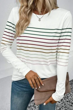 Sale Dear-Lover Multicolor Striped Crew Neck Long Sleeve Top White