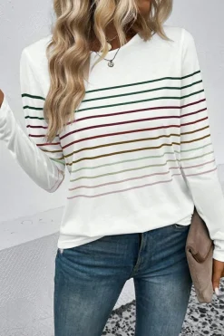 Sale Dear-Lover Multicolor Striped Crew Neck Long Sleeve Top White
