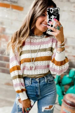 Hot Dear-Lover Striped Hollowed Knitted Loose Sweater Multicolor