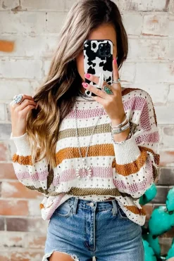 Hot Dear-Lover Striped Hollowed Knitted Loose Sweater Multicolor