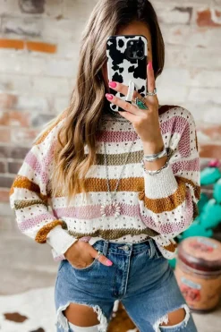 Hot Dear-Lover Striped Hollowed Knitted Loose Sweater Multicolor