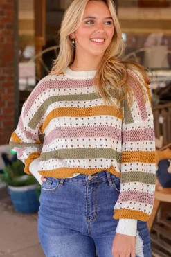 Hot Dear-Lover Striped Hollowed Knitted Loose Sweater Multicolor