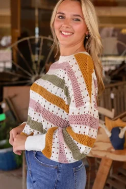 Hot Dear-Lover Striped Hollowed Knitted Loose Sweater Multicolor