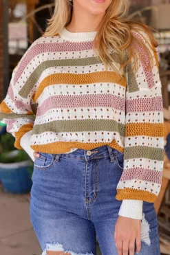 Hot Dear-Lover Striped Hollowed Knitted Loose Sweater Multicolor