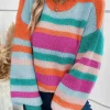 Hot Dear-Lover Striped Knit Drop Shoulder Puff Sleeve Sweater Multicolor