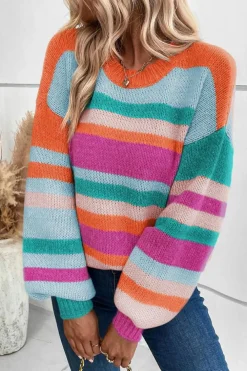 Hot Dear-Lover Striped Knit Drop Shoulder Puff Sleeve Sweater Multicolor
