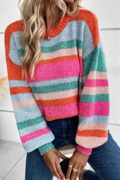 Hot Dear-Lover Striped Knit Drop Shoulder Puff Sleeve Sweater Multicolor