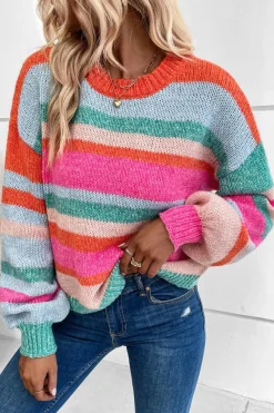 Hot Dear-Lover Striped Knit Drop Shoulder Puff Sleeve Sweater Multicolor