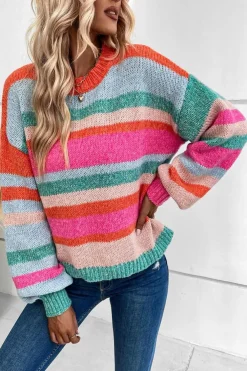 Hot Dear-Lover Striped Knit Drop Shoulder Puff Sleeve Sweater Multicolor