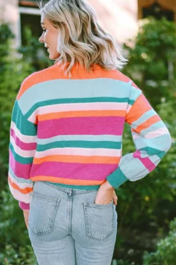 Hot Dear-Lover Striped Knit Drop Shoulder Puff Sleeve Sweater Multicolor