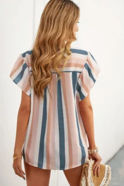 Online Dear-Lover Stripes Split Neck Pleated Ruffled Short Sleeves Top Multicolor