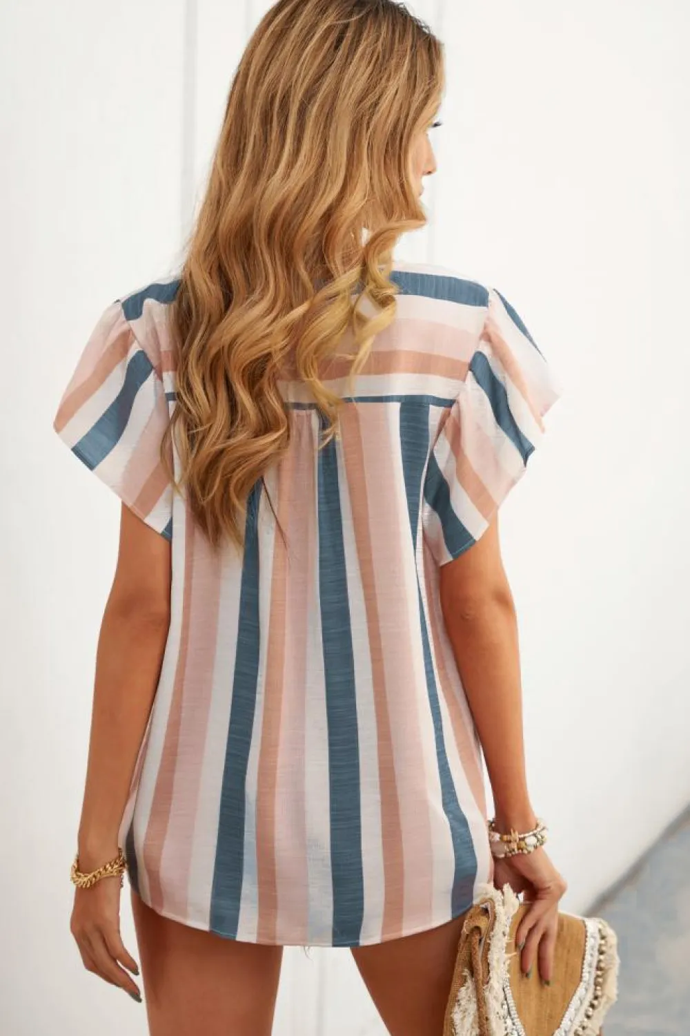 Online Dear-Lover Stripes Split Neck Pleated Ruffled Short Sleeves Top Multicolor