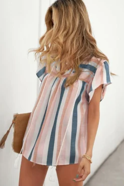 Online Dear-Lover Stripes Split Neck Pleated Ruffled Short Sleeves Top Multicolor