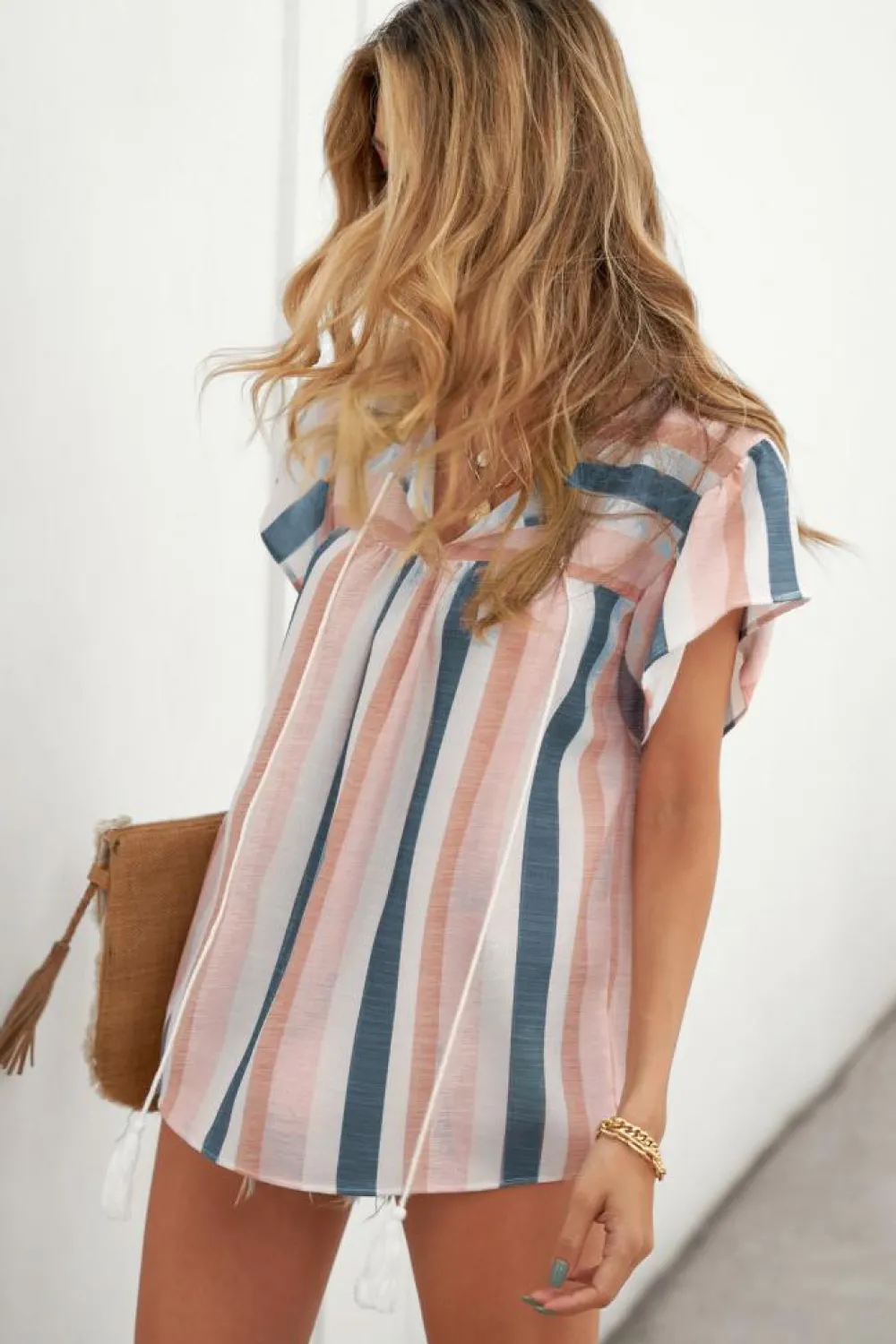 Online Dear-Lover Stripes Split Neck Pleated Ruffled Short Sleeves Top Multicolor
