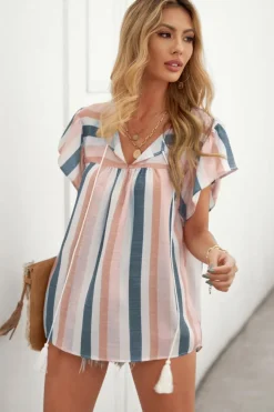 Online Dear-Lover Stripes Split Neck Pleated Ruffled Short Sleeves Top Multicolor