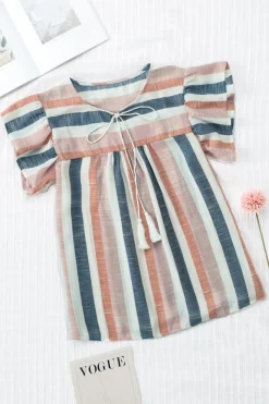 Online Dear-Lover Stripes Split Neck Pleated Ruffled Short Sleeves Top Multicolor