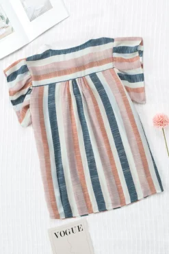 Online Dear-Lover Stripes Split Neck Pleated Ruffled Short Sleeves Top Multicolor