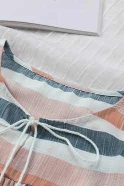 Online Dear-Lover Stripes Split Neck Pleated Ruffled Short Sleeves Top Multicolor