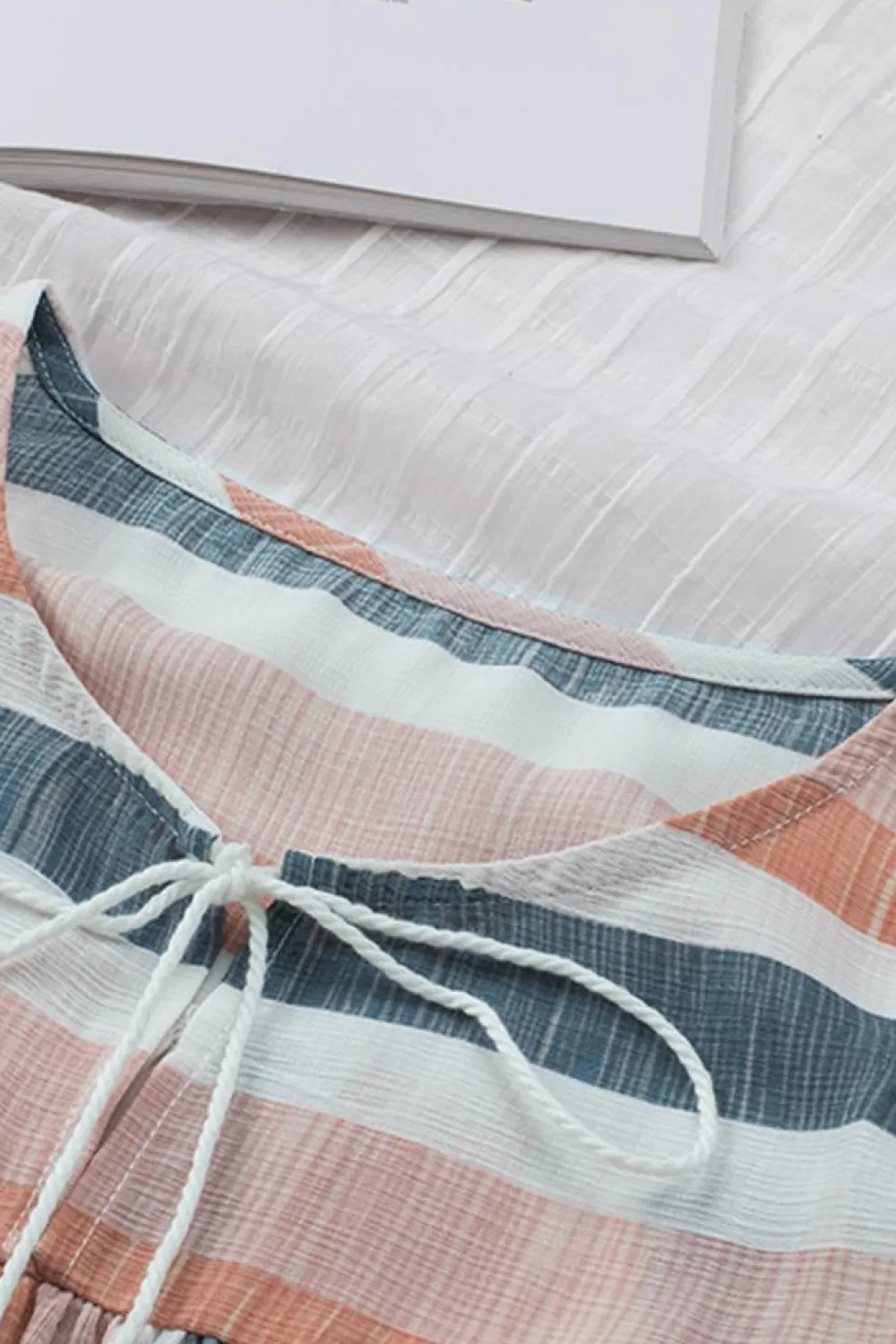 Online Dear-Lover Stripes Split Neck Pleated Ruffled Short Sleeves Top Multicolor