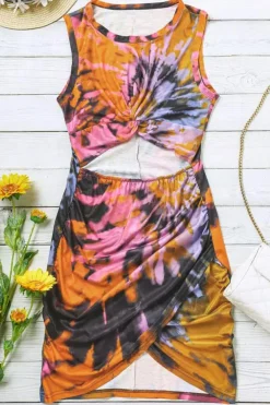 Sale Dear-Lover Multicolor Tie-dye Print Hollow Out Twist Bodycon Mini Dress Orange