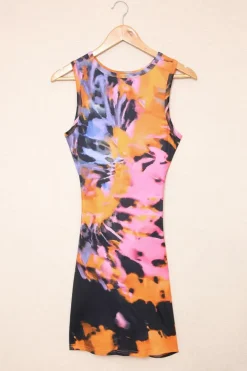Sale Dear-Lover Multicolor Tie-dye Print Hollow Out Twist Bodycon Mini Dress Orange
