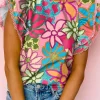 New Dear-Lover Vibrant Floral Print Trimmed Ruffle Sleeve Blouse Multicolor