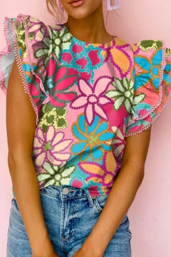 New Dear-Lover Vibrant Floral Print Trimmed Ruffle Sleeve Blouse Multicolor