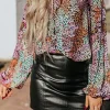 Best Dear-Lover Vibrant Floral Tie V Neck Puff Sleeve Blouse Multicolor