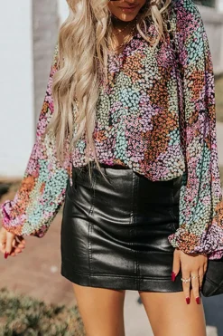 Best Dear-Lover Vibrant Floral Tie V Neck Puff Sleeve Blouse Multicolor