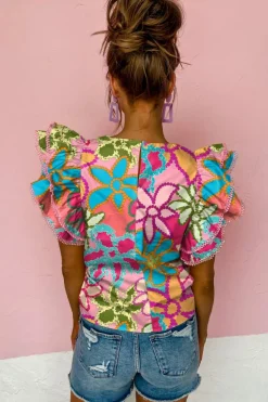 New Dear-Lover Vibrant Floral Print Trimmed Ruffle Sleeve Blouse Multicolor