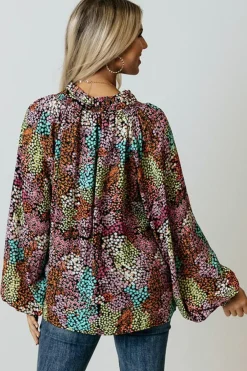 Best Dear-Lover Vibrant Floral Tie V Neck Puff Sleeve Blouse Multicolor