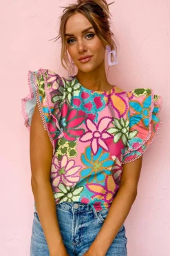 New Dear-Lover Vibrant Floral Print Trimmed Ruffle Sleeve Blouse Multicolor
