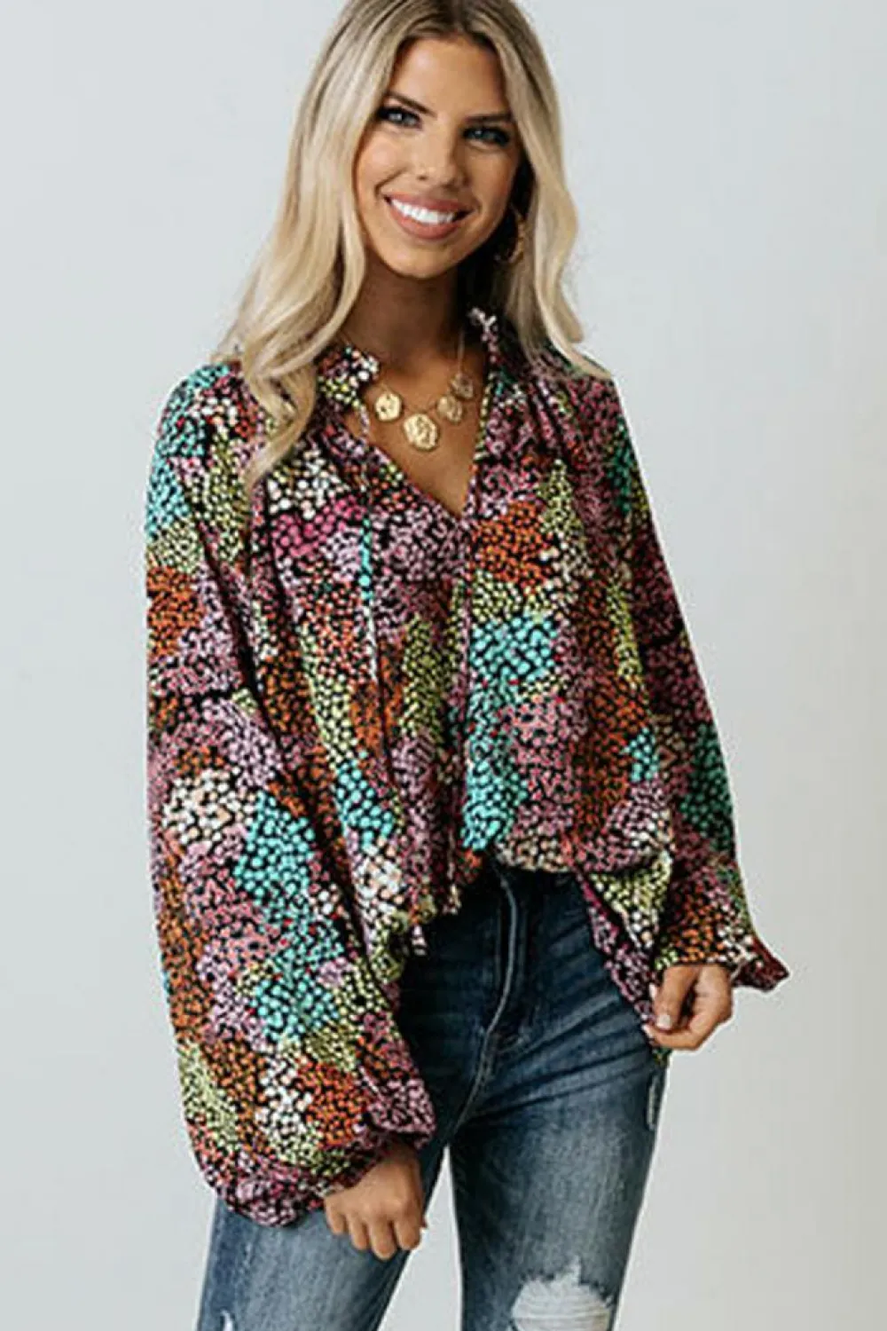 Best Dear-Lover Vibrant Floral Tie V Neck Puff Sleeve Blouse Multicolor