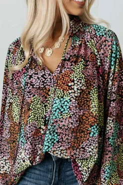 Best Dear-Lover Vibrant Floral Tie V Neck Puff Sleeve Blouse Multicolor