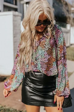 Best Dear-Lover Vibrant Floral Tie V Neck Puff Sleeve Blouse Multicolor