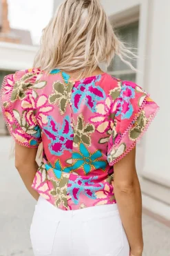 New Dear-Lover Vibrant Floral Print Trimmed Ruffle Sleeve Blouse Multicolor