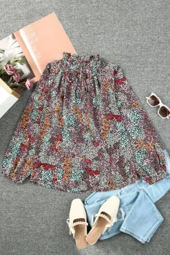 Best Dear-Lover Vibrant Floral Tie V Neck Puff Sleeve Blouse Multicolor