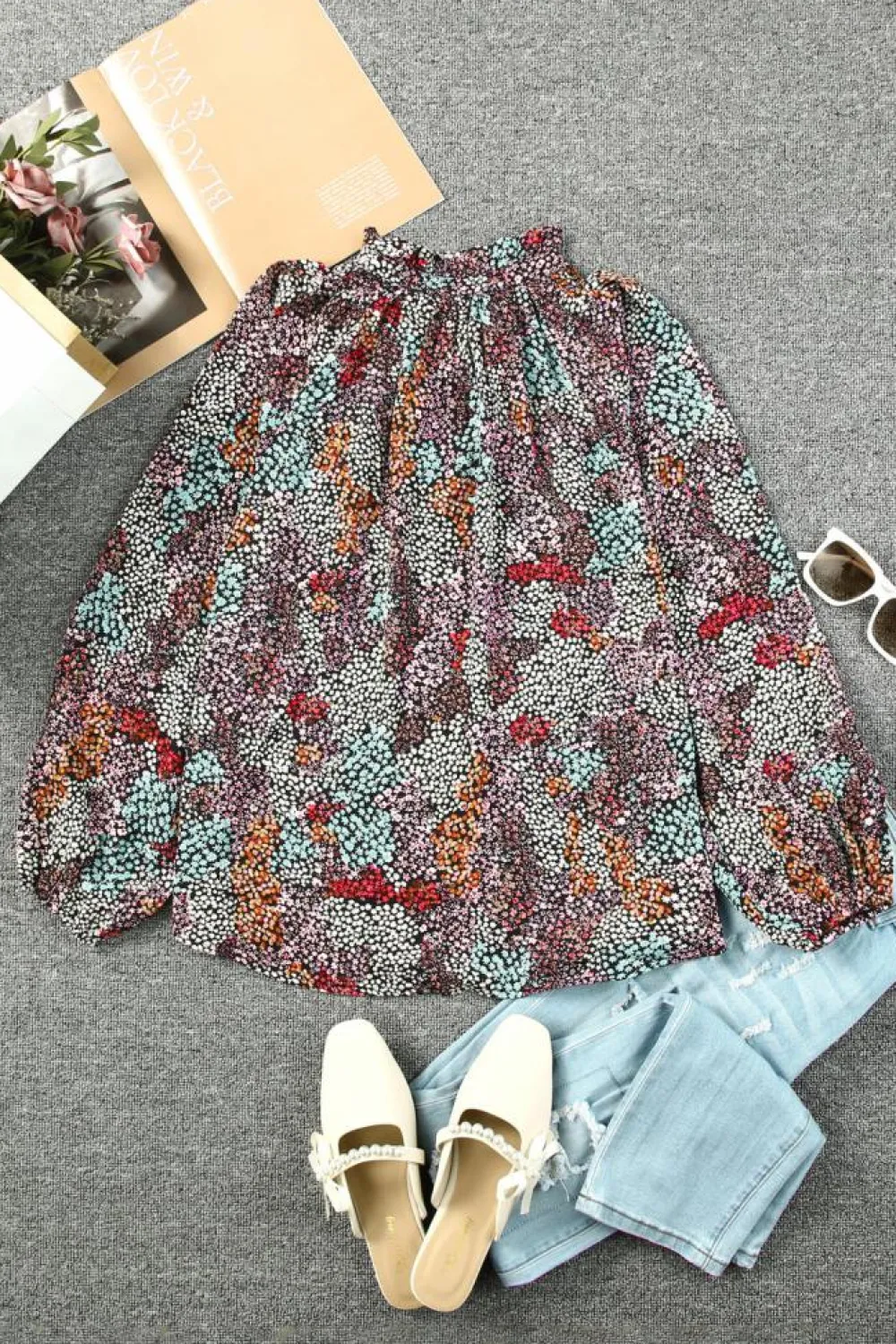 Best Dear-Lover Vibrant Floral Tie V Neck Puff Sleeve Blouse Multicolor