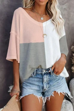 Best Dear-Lover Waffle Colorblock Wide Sleeve Oversized Top Multicolor