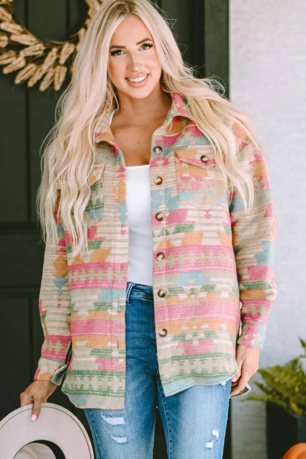 Online Dear-Lover Western Aztec Print Button Flap Pocket Shacket Multicolor