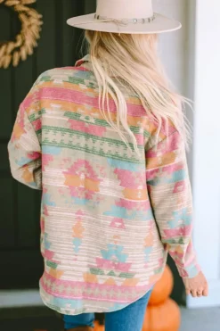 Online Dear-Lover Western Aztec Print Button Flap Pocket Shacket Multicolor