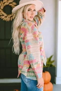 Online Dear-Lover Western Aztec Print Button Flap Pocket Shacket Multicolor